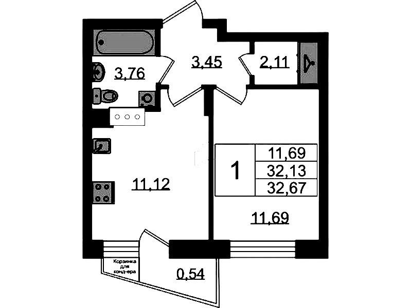 1-комнатная квартира 32.67 м², 6/11 эт., ЖК «VEREN NORT Сертолово»
